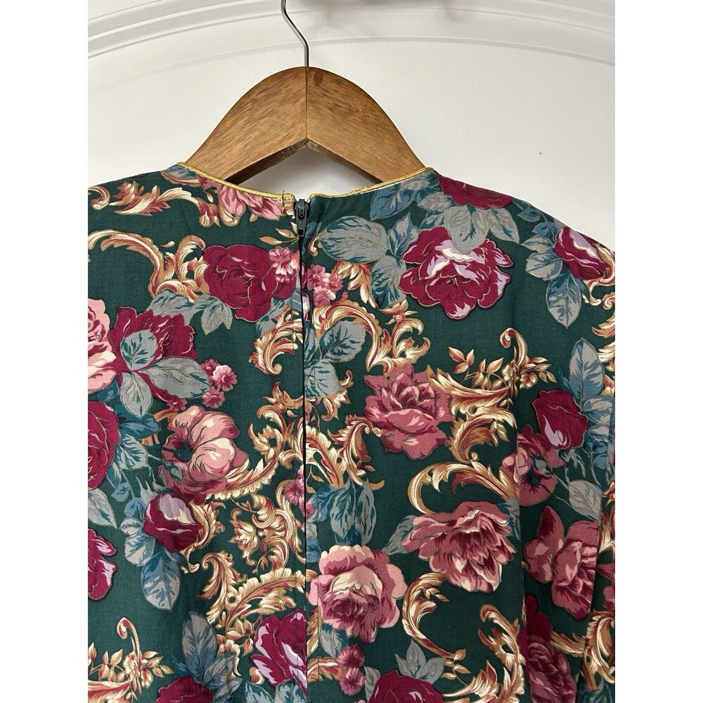 Vintage Romantic Floral Midi Dress Size 6 Green Roses Pearl Buttons 80s Bold - Picture 7 of 14